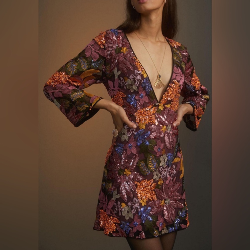 Anthropologie Sequined Embroidered Mini Dress